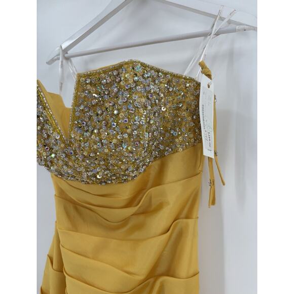 NWT Tony Bowls Le Gala Vintage Dress Womens 6 Gold Tiered Ruffles Sequin Gown - Picture 2 of 16